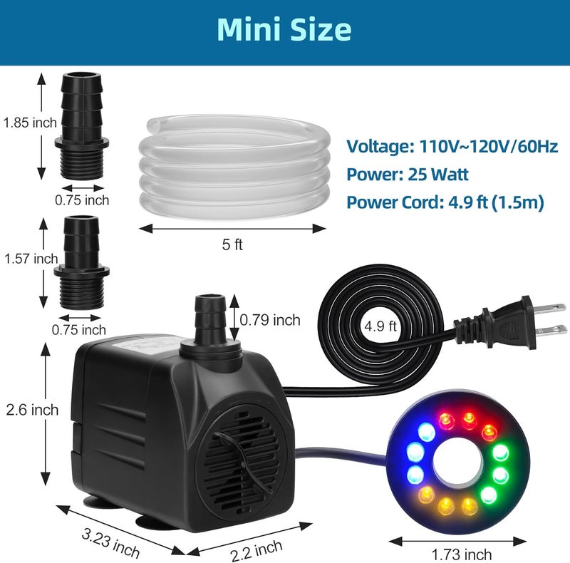 DATOO Mini Submersible Fountain Water Pump With LED Light 400GPH 25W Small Ultra Quiet Water Pump With Tubing For Aquarium Fish Tank Outdoor Pond Water Feature Fountain Statuary - Image 5